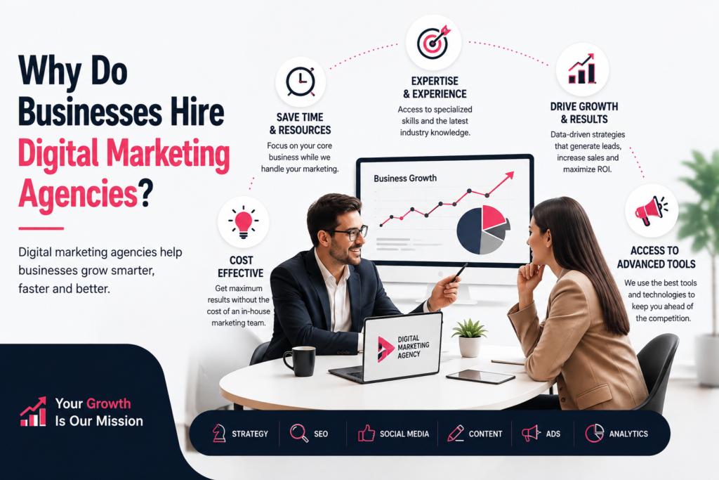 “Businesses hire digital marketing agencies for expertise, time savings, cost efficiency, advanced tools, and measurable growth through SEO, social media, content, advertising, and analytics.”